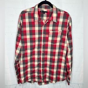 Volcom Mens Red Plaid Asymmetrical Stitch Cotten Blend Button Down Longsleeve